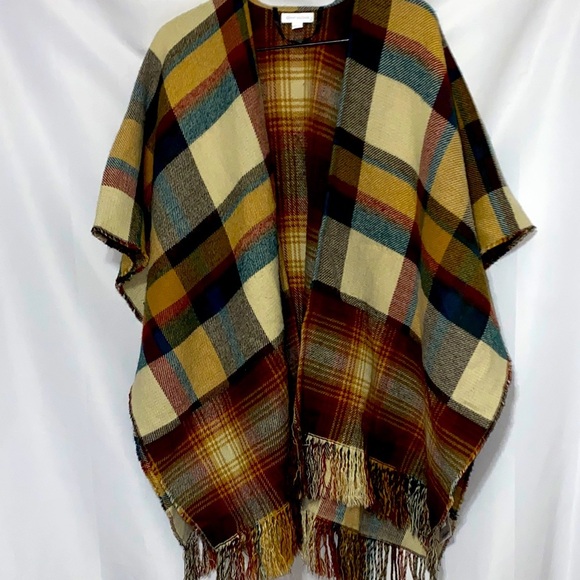 Charter Club One size Multicolor Plaid Fringe Wrap BUTTON AT SIDES FALL COLORS - Picture 1 of 11
